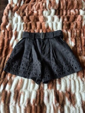 A.L.C. Black High-Waist Eyelet Hem Shorts with Belted Waist